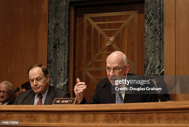 Chairman Richard Shelby and Robert Bennett question Treasury Secretary John Snow during the full committee markup of S.1881, the "San Francisco Old...