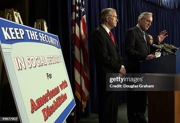 Harry Reid and Tom Hawkin during a news conference to discuss effects of Social Security privatization on Americans with disabilities.