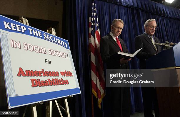 Harry Reid and Tom Hawkin during a news conference to discuss effects of Social Security privatization on Americans with disabilities.