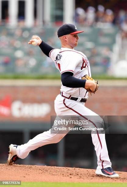 Sean Newcomb of the Atlanta Braves throws a second inning pitch against the Arizona Diamondbacks at SunTrust Park on July 14, 2018 in Atlanta,...