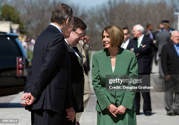 Speaker of the House Nancy Pelosi, D-CA talks with Gov. Martin O'Malley, D-Md., Rep Richard Neal, D-MA, , and Taoiseach of Ireland Brian Cowen after...