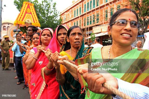 Devotees pull the chariots of Lord Jagannath during the 141st Rath Yatra at Shri Damodar Temple in Jaipur, Rajasthan, India on 14 July,2018.