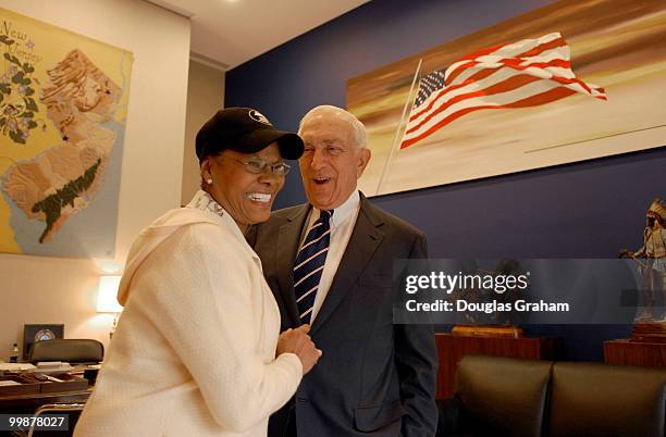 Dionne Warwick talks with Frank Lautenberg, D-NJ., at Lautenberg's office to lobby for a new stamp with Barbara Jordan on it - First African American...
