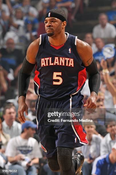 Josh Smith of the Atlanta Hawks runs up court in Game One of the Eastern Conference Semifinals against the Orlando Magic during the 2010 Playoffs on...