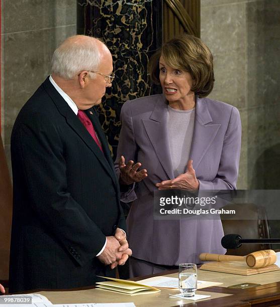 Vice President Dick Cheney and Speaker of the House Nancy Pelosi talk before President george W. Bush delivered the final State of the Union address...