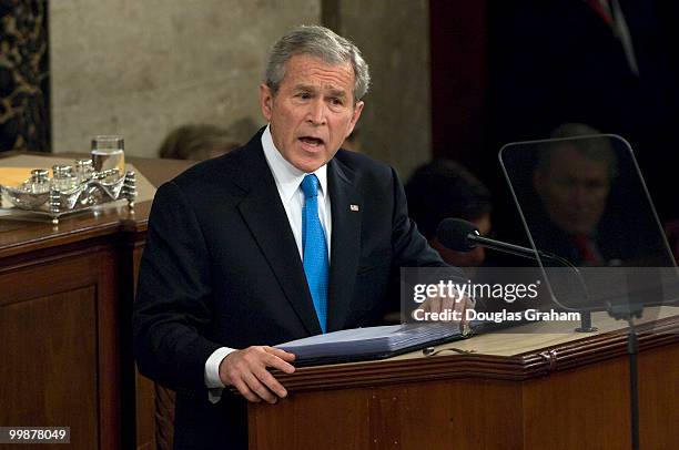 President George W. Bush delivering his final State of the Union Address inside the House Chamber at the U.S. Capitol, Washington DC, on January 28,...