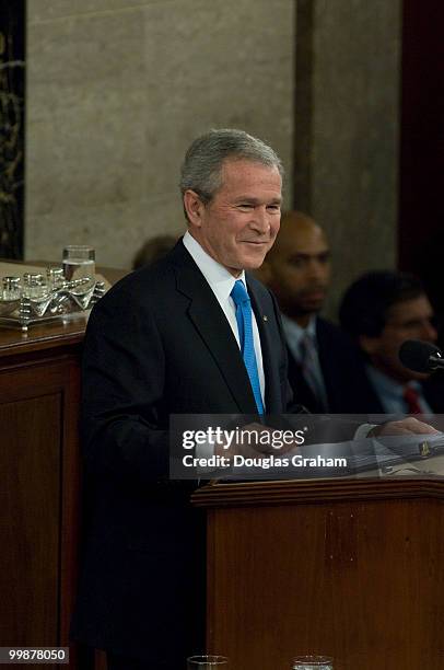 President George W. Bush delivering his final State of the Union Address inside the House Chamber at the U.S. Capitol, Washington DC, on January 28,...