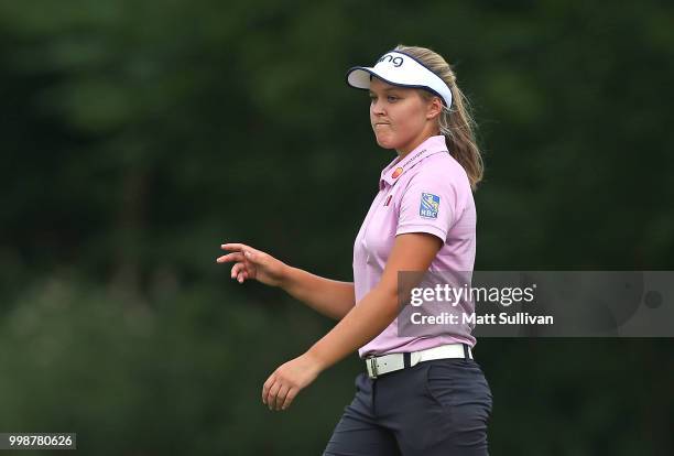 Brooke Henderson of Canada waves to the gallery on the 18th hole during the third round of the Marathon Classic Presented By Owens Corning And O-I at...