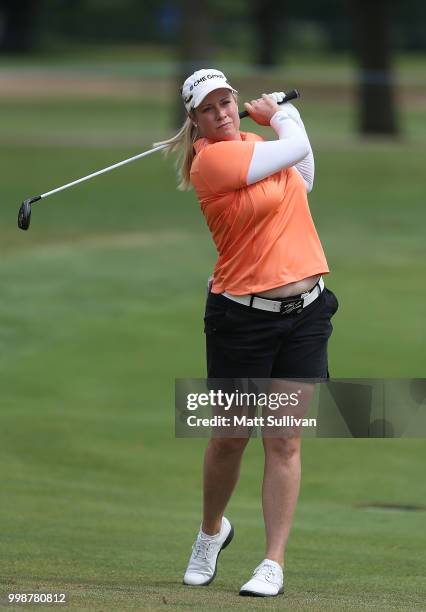 Brittany Lincicome watches her second shot on the 18th hole during the third round of the Marathon Classic Presented By Owens Corning And O-I at...