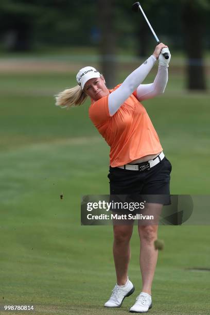 Brittany Lincicome watches her second shot on the 18th hole during the third round of the Marathon Classic Presented By Owens Corning And O-I at...