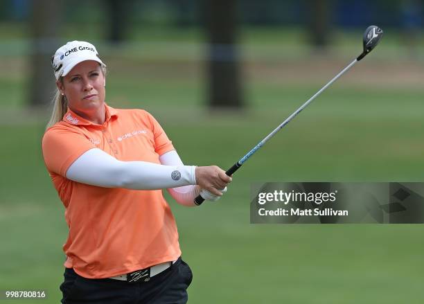 Brittany Lincicome watches her second shot on the 18th hole during the third round of the Marathon Classic Presented By Owens Corning And O-I at...