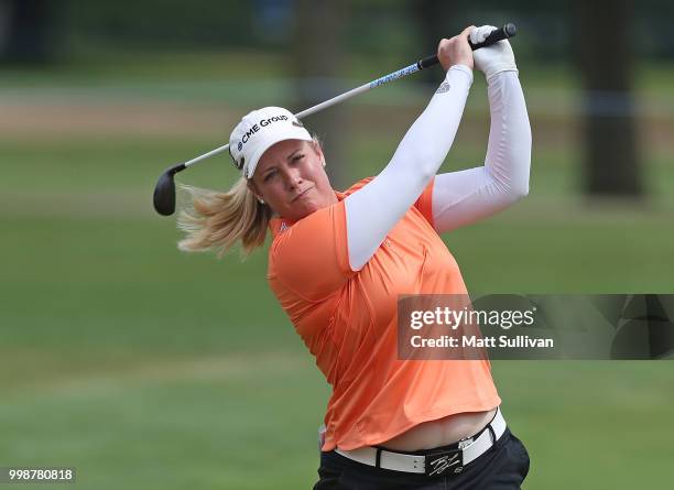 Brittany Lincicome watches her second shot on the 18th hole during the third round of the Marathon Classic Presented By Owens Corning And O-I at...