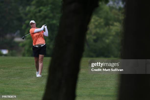 Brittany Lincicome watches her second shot on the 17th hole during the third round of the Marathon Classic Presented By Owens Corning And O-I at...