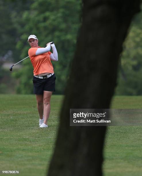 Brittany Lincicome watches her second shot on the 17th hole during the third round of the Marathon Classic Presented By Owens Corning And O-I at...