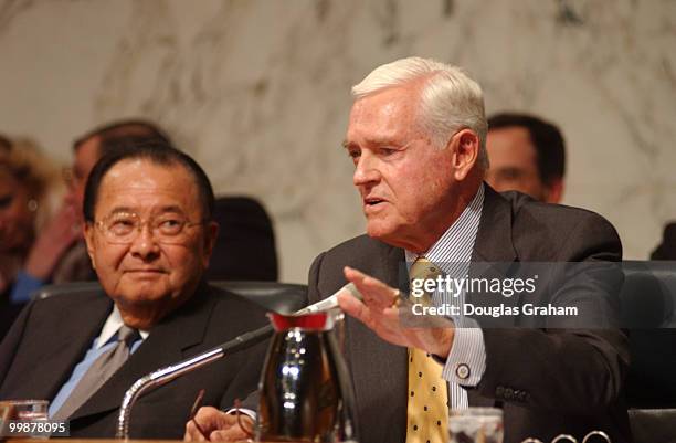 Daniel K. Inouye, D-HI., and Ernest F. Hollings, D-S.C., during the full committee hearing on Terrorism Overview.