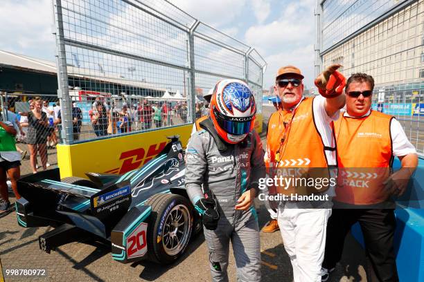 In this handout provided by FIA Formula E, Mitch Evans , Panasonic Jaguar Racing, Jaguar I-Type II, retires from the race during the New York City...