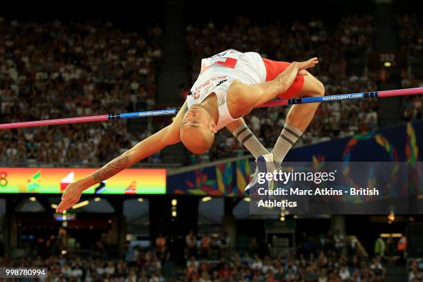 Sylwester Bednarek of Poland competes in the Men's High Jump during day one of the Athletics World Cup London at the London Stadium on July 14, 2018...