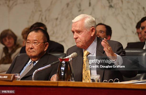 Daniel K. Inouye, D-HI., and Ernest F. Hollings, D-S.C., during the full committee hearing on Terrorism Overview.