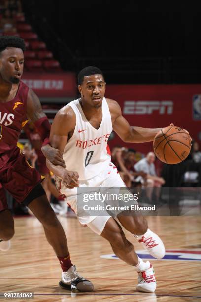 De'Anthony Melton of the Houston Rockets handles the ball against the Cleveland Cavaliers during the 2018 Las Vegas Summer League on July 14, 2018 at...