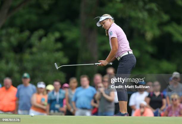 Brooke Henderson of Canada misses a birdie putt on the 18th hole during the third round of the Marathon Classic Presented By Owens Corning And O-I at...