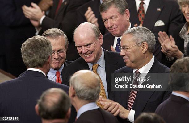 President George w. Bush, Secretary of Defense Donald Rumsfeld, Secretary of the Treasury John W. Snow, Attorney General John Ashcroft and Secretary...