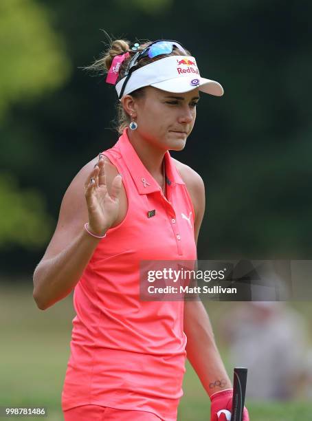 Lexi Thompson waves to the gallery on the second hole during the third round of the Marathon Classic Presented By Owens Corning And O-I at Highland...