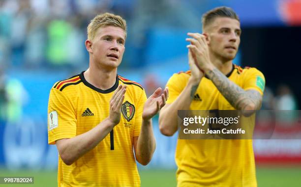 Kevin De Bruyne, Toby Alderweireld of Belgium celebrate the victory following the 2018 FIFA World Cup Russia 3rd Place Playoff match between Belgium...