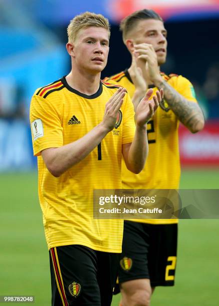 Kevin De Bruyne, Toby Alderweireld of Belgium celebrate the victory following the 2018 FIFA World Cup Russia 3rd Place Playoff match between Belgium...