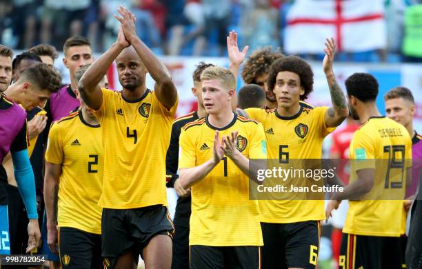 Vincent Kompany, Kevin De Bruyne, Axel Witsel of Belgium celebrate the victory following the 2018 FIFA World Cup Russia 3rd Place Playoff match...