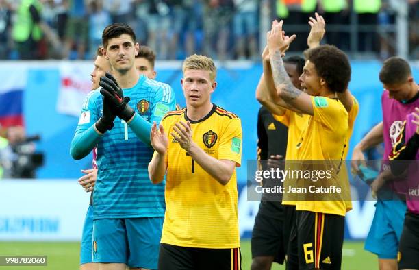 Goalkeeper of Belgium Thibaut Courtois, Kevin De Bruyne, Axel Witsel celebrate the victory following the 2018 FIFA World Cup Russia 3rd Place Playoff...