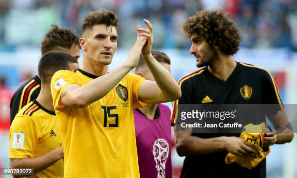 Thomas Meunier, Marouane Fellaini of Belgium celebrate the victory following the 2018 FIFA World Cup Russia 3rd Place Playoff match between Belgium...