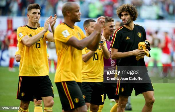 Thomas Meunier, Vincent Kompany, Marouane Fellaini of Belgium celebrate the victory following the 2018 FIFA World Cup Russia 3rd Place Playoff match...