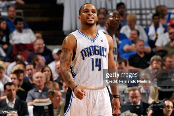 Jameer Nelson of the Orlando Magic looks up in Game One of the Eastern Conference Semifinals against the Atlanta Hawks during the 2010 Playoffs on...