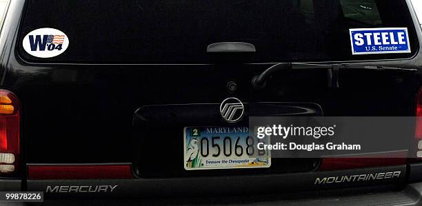 Bumper stickers show support for Lt. Governor, Michael S. Steele and president George W. Bush outside Morningside Volunteer Fire Hall.