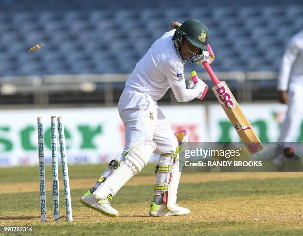 Mushfiqur Rahim of Bangladesh bowled by Jason Holder of West Indies during day 3 of the 2nd Test between West Indies and Bangladesh at Sabina Park,...