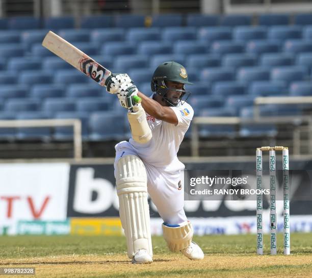 Shakib Al Hasan of Bangladesh hits 4 during day 3 of the 2nd Test between West Indies and Bangladesh at Sabina Park, Kingston, Jamaica, on July 14,...