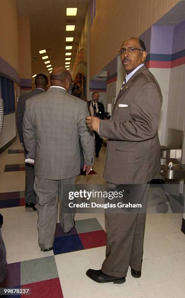 Lt. Governor, Michael S. Steele turns to acknowledge a well wisher as he walks with his staff to make a speech at Samuel P. Massie Elementary School.