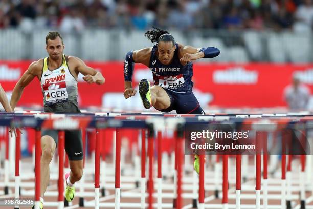 Pascal Martinot-Lagarde of France competes in the Men's 110m Hurdles during day one of the Athletics World Cup London at the London Stadium on July...