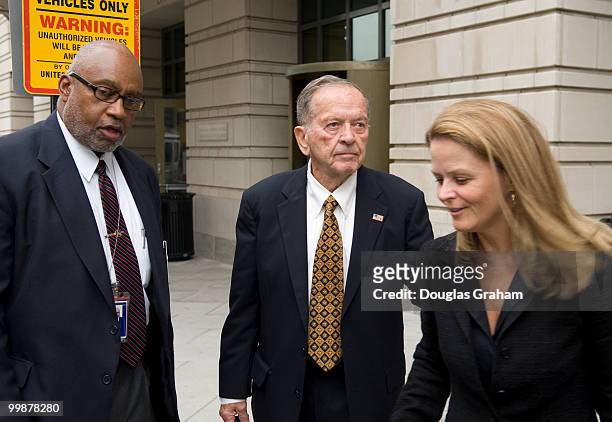 Sen. Ted Stevens, R-Alaska, and his daughter Beth leave federal court in Washington on Wednesday, Oct. 9, 2008.