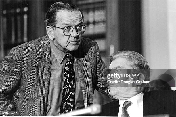 Ted Stevens, R-AK and John Warner, R-VA., during a Senate Rules hearing on 04-21-97.