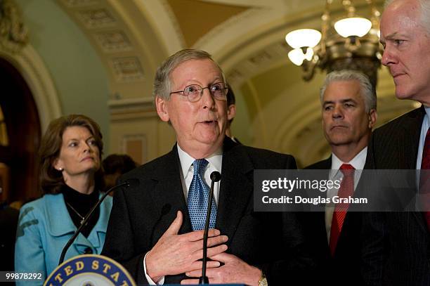 Lisa Murkowski, R-AK., Mitch McConnell, R-KY., John Thune, R-SD.,John Ensign, R-NV., and John Cornyn, R-TX., speak with reporters at a news...