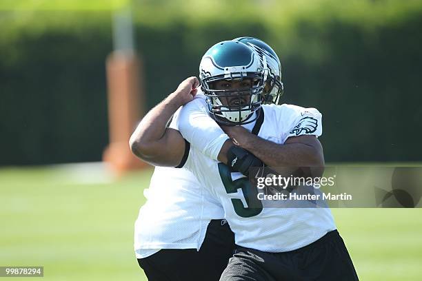 Defensive end Brandon Graham of the Philadelphia Eagles participates in drills during mini-camp practice on April 30, 2010 at the NovaCare Complex in...