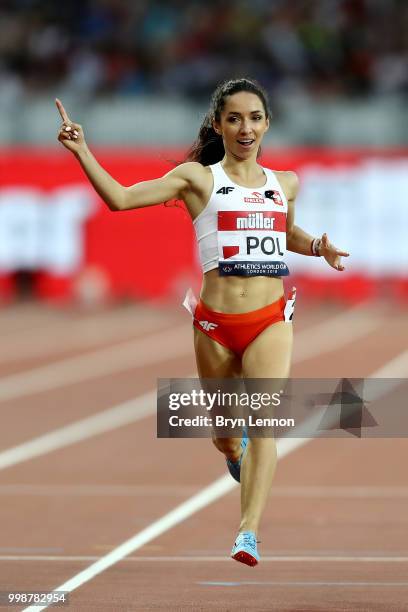 Sofia Ennaoui of Poland crosses the line to win the Women's 1500m during day one of the Athletics World Cup London at the London Stadium on July 14,...