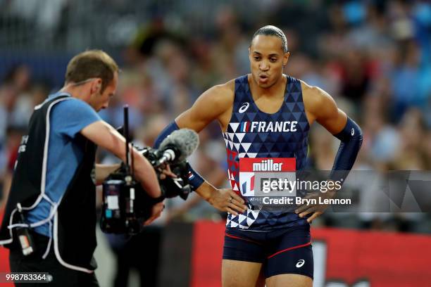 Pascal Martinot-Lagarde of France celebrates victory during the Men's 110m Hurdles during day one of the Athletics World Cup London at the London...