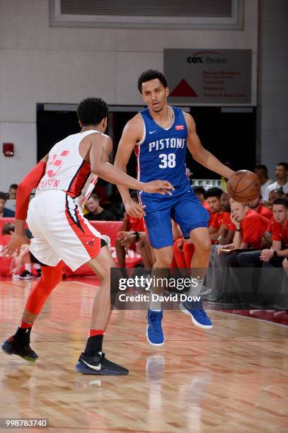 Reggie Hearn of the Detroit Pistons handles the ball against the Chicago Bulls during the 2018 Las Vegas Summer League on July 14, 2018 at the Cox...