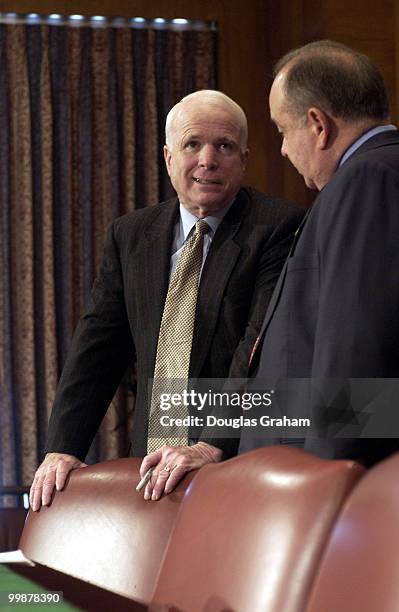 John McCain, R-Ariz., chairman, Commerce, Science and Transportation Committee; talks with Roger Noriega, assistant secretary, Bureau of Western...