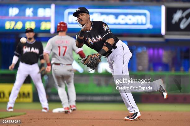 Starlin Castro of the Miami Marlins throws towards first base during the first inning against the Philadelphia Phillies at Marlins Park on July 14,...