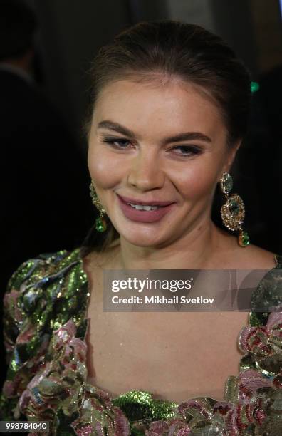 Former gymnast, politician and media manager Alina Kabaeva talks to journalists prior to the concert at Bolshoi Theatre in Moscow, Russia, July 2018....