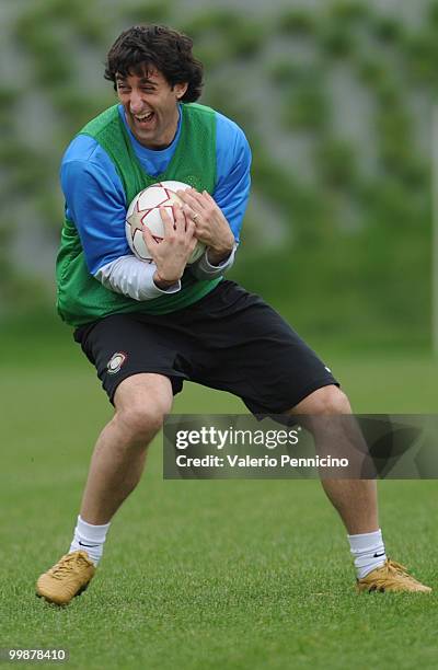 Diego Milito of FC Internazionale Milano attends an FC Internazionale Milano training session during a media open day on May 18, 2010 in Appiano...