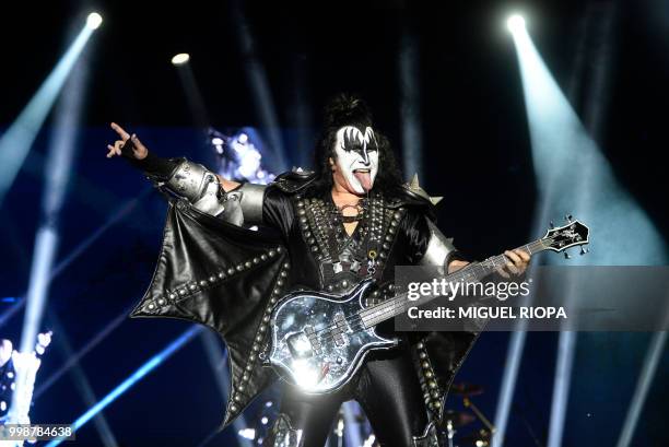 Gene Simmons, member of the hard rock band "Kiss" performs during the Resurrection Fest music festival in Viveiro, northern Spain, on July 14, 2018.